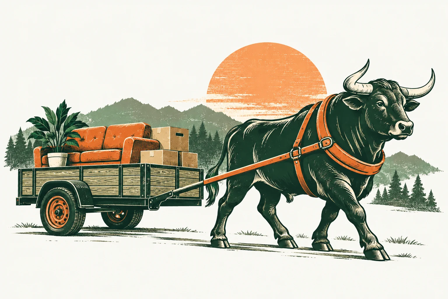 Woodcut illustration of a strong ox hauling a trailer of furniture beneath an orange sun.